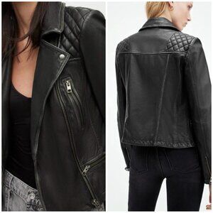 All Saints Women’s Cargo Distressed Leather Biker Moto Jacket Black 4 Small